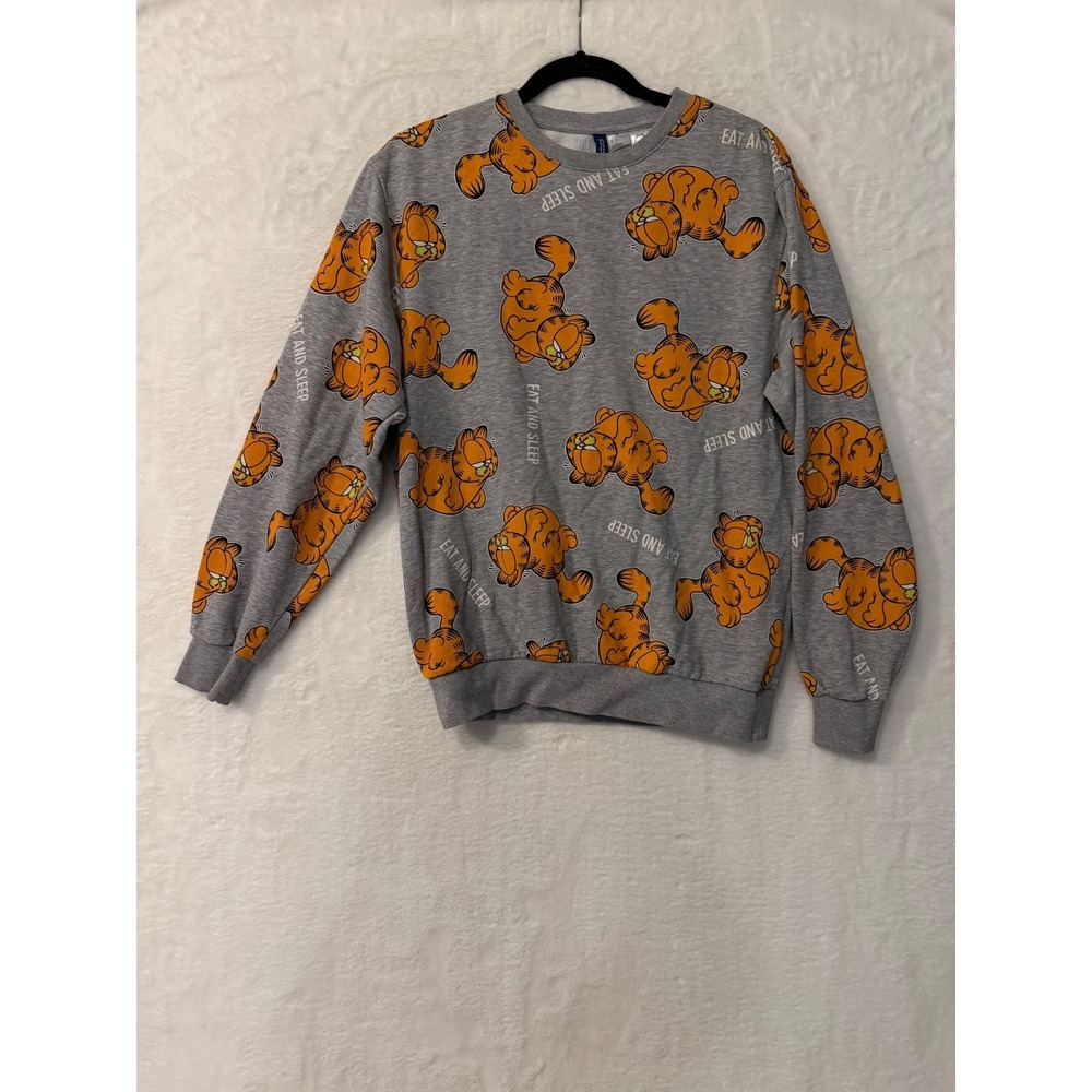 H&M Divide Garfield Eat and Sleep Sweatshirt Gray All Over Print Mens Small